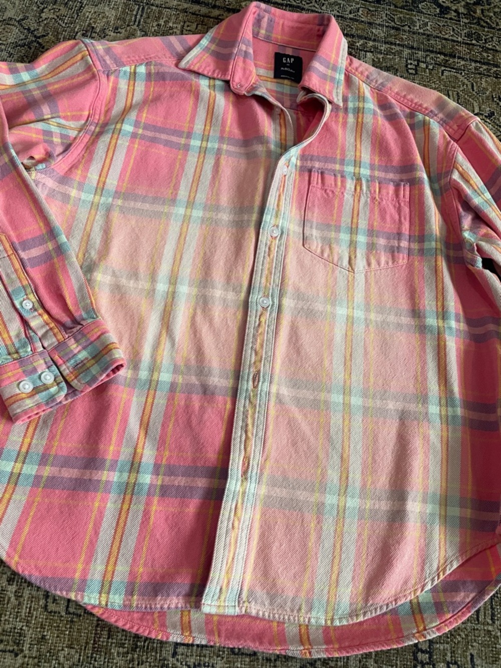 GAP Vintage Wash Pastel Pink Plaid Oversized Button-Down Shirt